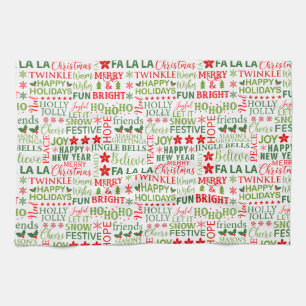 Christmas Typography Red & Green Seamless Pattern Tea Towel