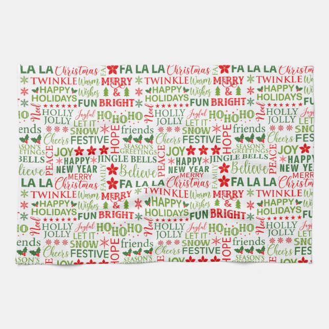 Christmas Typography Red & Green Seamless Pattern Tea Towel (Horizontal)