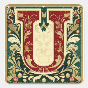 Christmas U: Elegant Red and Green with Gold Square Sticker