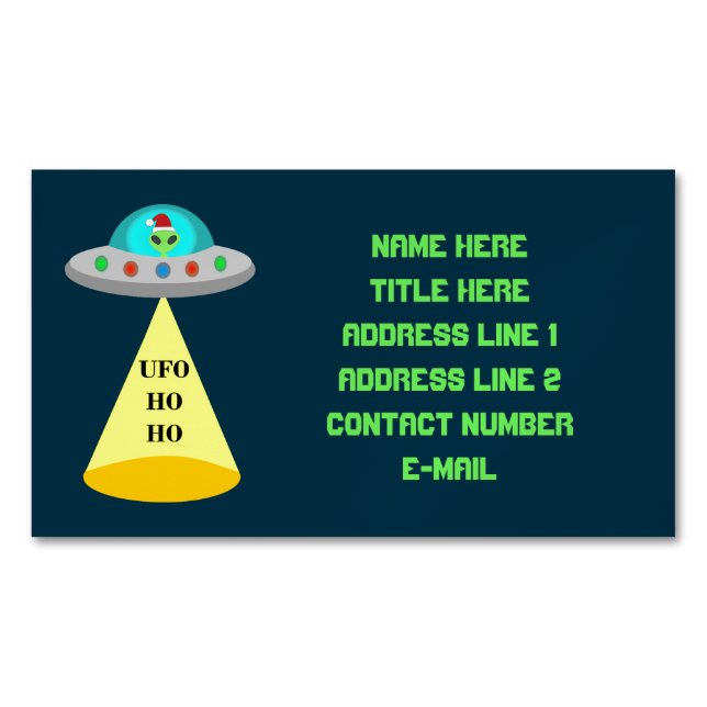 Christmas UFO Ho Ho Alien flying saucer Custom Magnetic Business Card (Front)