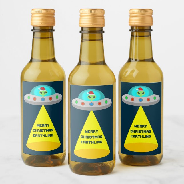 Christmas UFO Ho Ho Alien flying saucer Custom Wine Label (Bottles)
