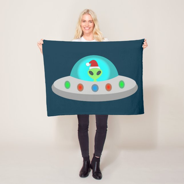 Christmas UFO Ho Ho Alien flying saucer Fleece Blanket (In Situ)
