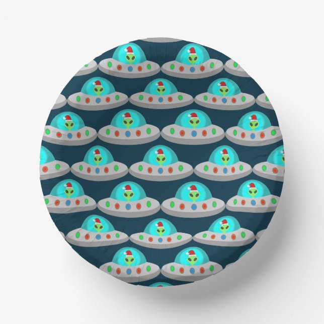 Christmas UFO Ho Ho Alien flying saucer Patterned Paper Plate (Front)