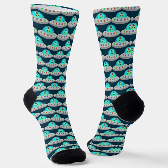 Christmas UFO Ho Ho Alien flying saucer Patterned Socks (Angled)