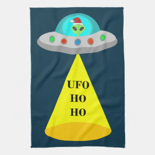 Christmas UFO Ho Ho Alien flying saucer Tea Towel