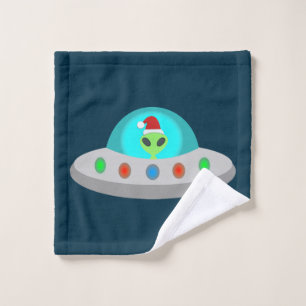 Christmas UFO Ho Ho Alien flying saucer Wash Cloth