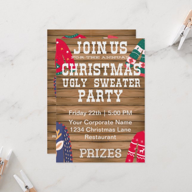 Christmas Ugly Sweater Corporate party Wooden  Invitation (Front/Back In Situ)