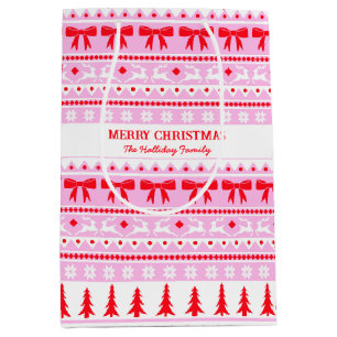 Christmas Ugly Sweater Family Name Pink & Red Medium Gift Bag