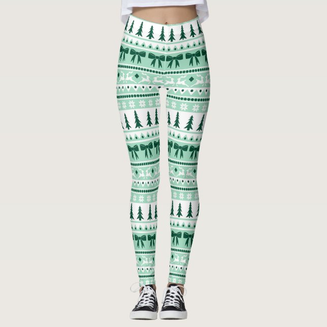 Christmas Ugly Sweater Knit Pattern in Mint Green Leggings (Front)