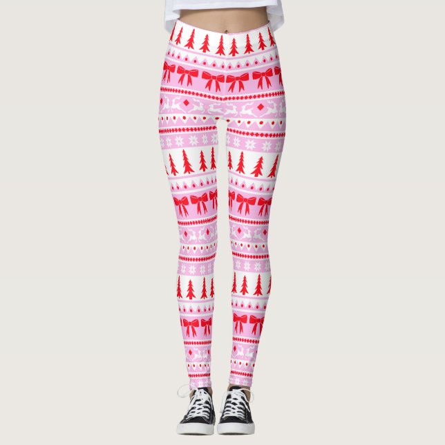Christmas Ugly Sweater Knit Pattern in Pink & Red Leggings (Front)
