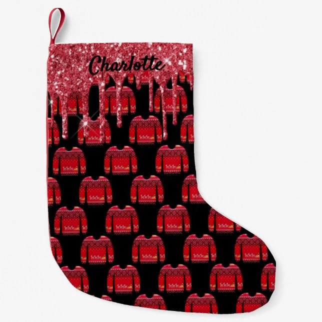 Christmas ugly sweater red black glitter name small christmas stocking (Front)