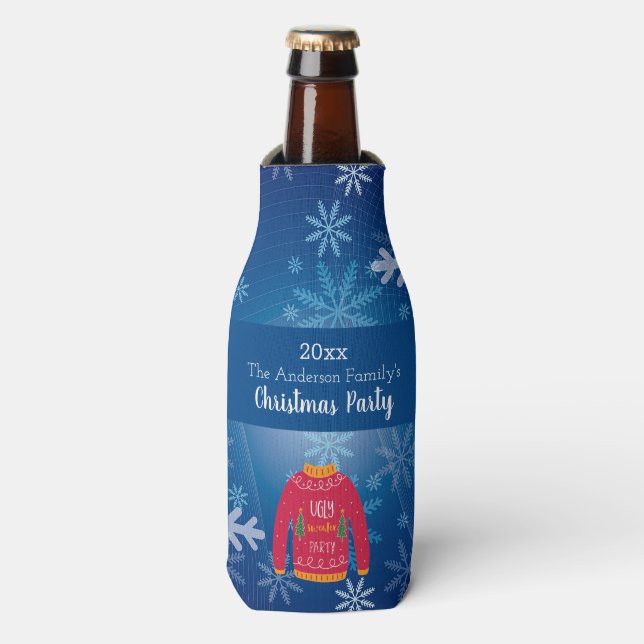 Christmas ugly sweater red blue snowflakes name bottle cooler (Bottle Front)