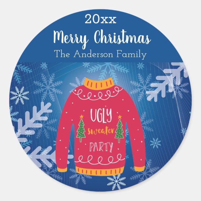 Christmas ugly sweater red blue snowflakes name classic round sticker (Front)