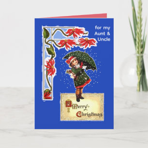 Christmas Umbrella Girl in Snow for Aunt and Uncle Card