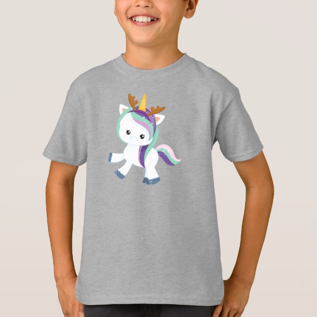 Christmas Unicorn, Cute Unicorn, Antlers, Xmas T-Shirt (Front)