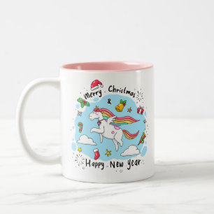 Christmas Unicorn Doodle Pink Two-Tone Coffee Mug