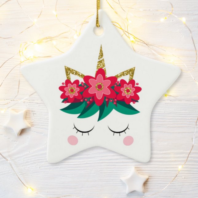 Christmas Unicorn Face Flowers Personalised Ceramic Tree Decoration (Creator Uploaded)