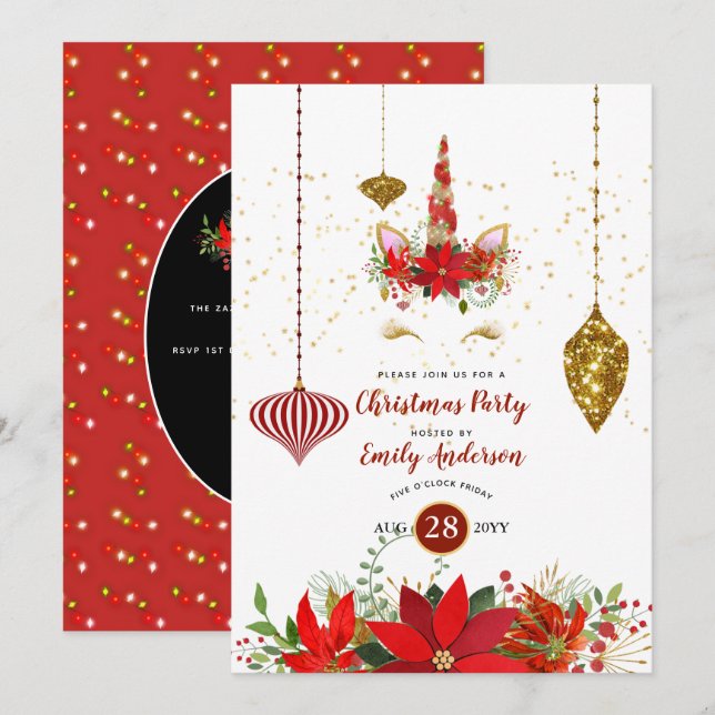 Christmas Unicorn Face Party Red Gold Fun Modern Invitation (Front/Back)
