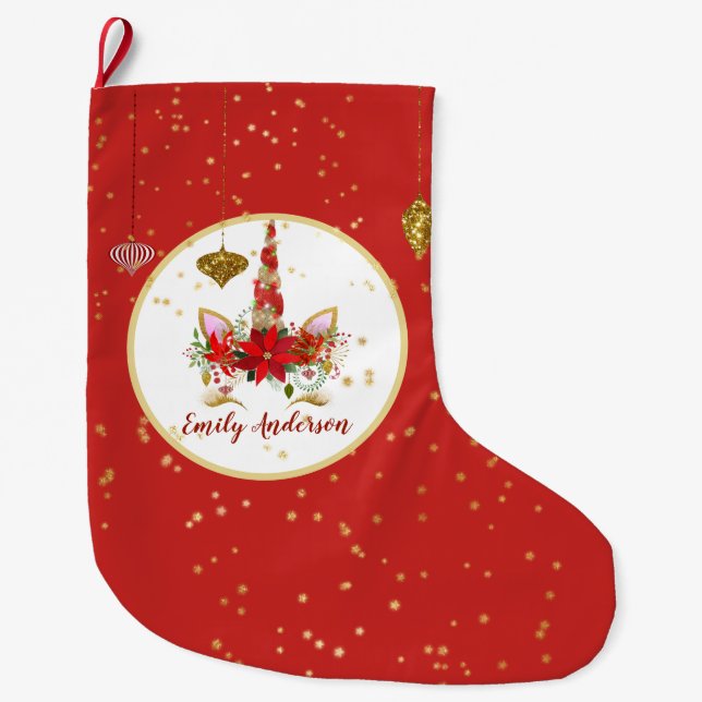 Christmas Unicorn Face Personalised Red Gold Large Christmas Stocking (Front)