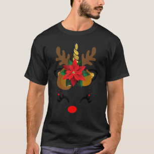 Christmas Unicorn Face Reindeer Flower Girl Women  T-Shirt
