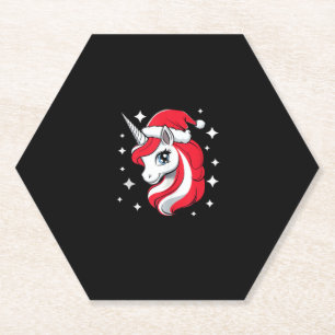 Christmas Unicorn For Girls Red Santa Hat Winter H Paper Coaster