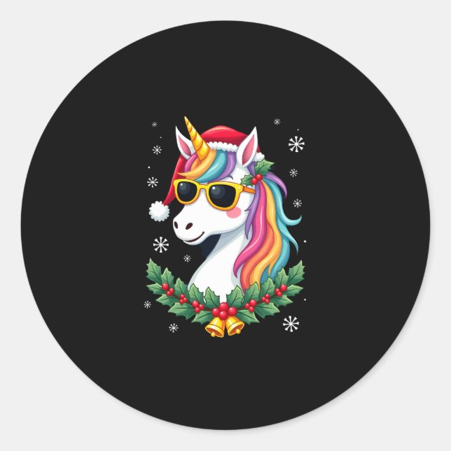 Christmas Unicorn Girls Boys Xmas Santa Cute Kids  Classic Round Sticker (Front)