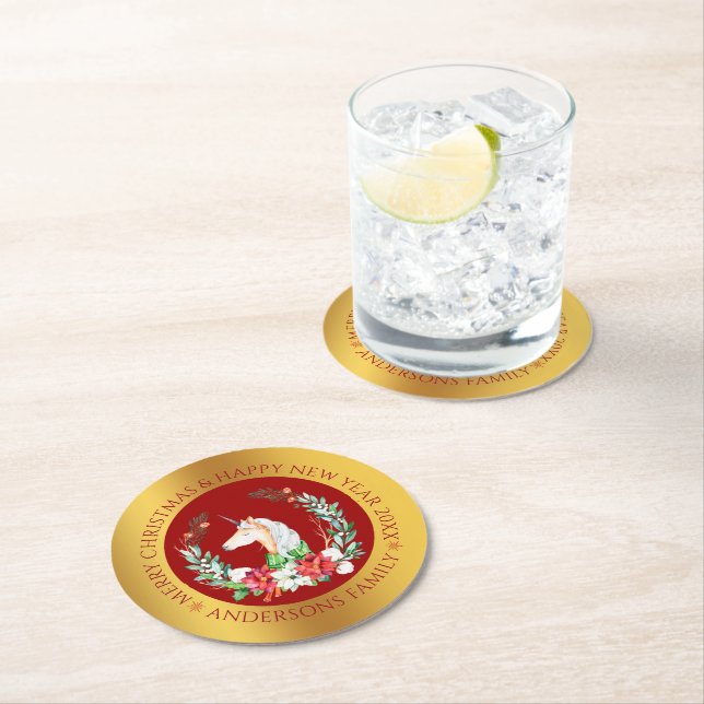 Christmas unicorn gold border round paper coaster (Insitu)