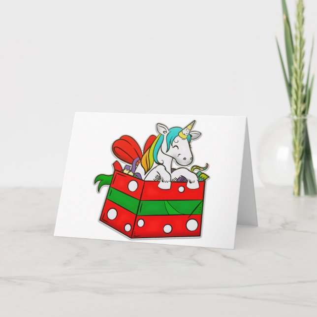 Christmas Unicorn in gift box Holiday Card (Front)