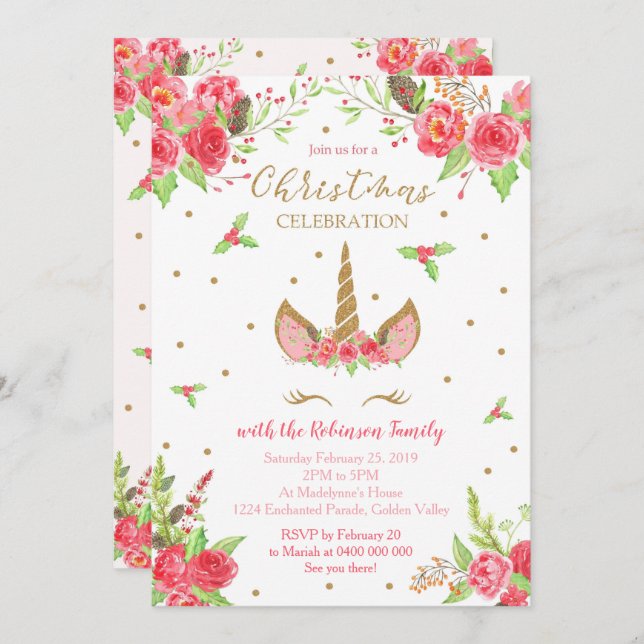 Christmas Unicorn Invitation (Front/Back)
