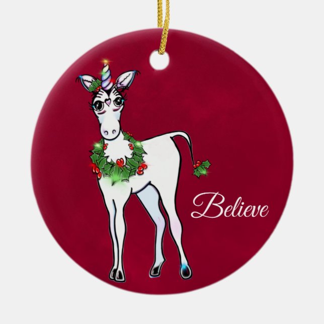 Christmas Unicorn magical fantasy  Ceramic Tree Decoration (Front)