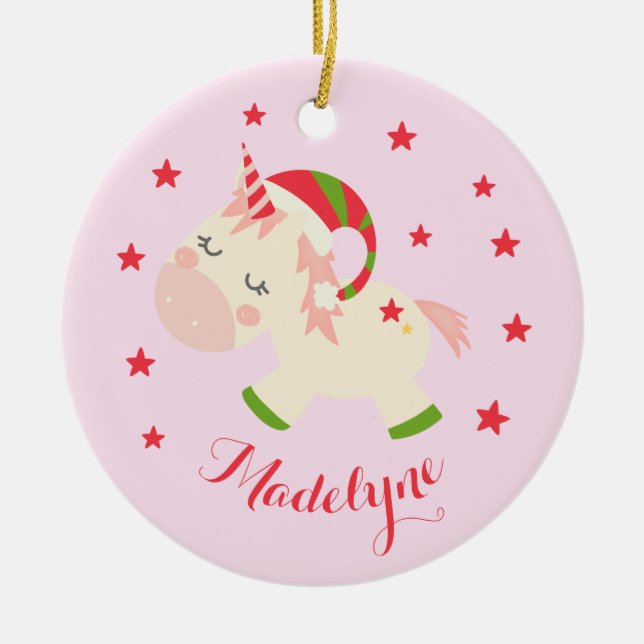 Christmas Unicorn Personalized Name Ceramic Tree Decoration (Front)