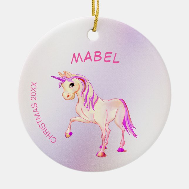 Christmas  Unicorn Pink Glitter Girly Ceramic Tree Decoration (Front)