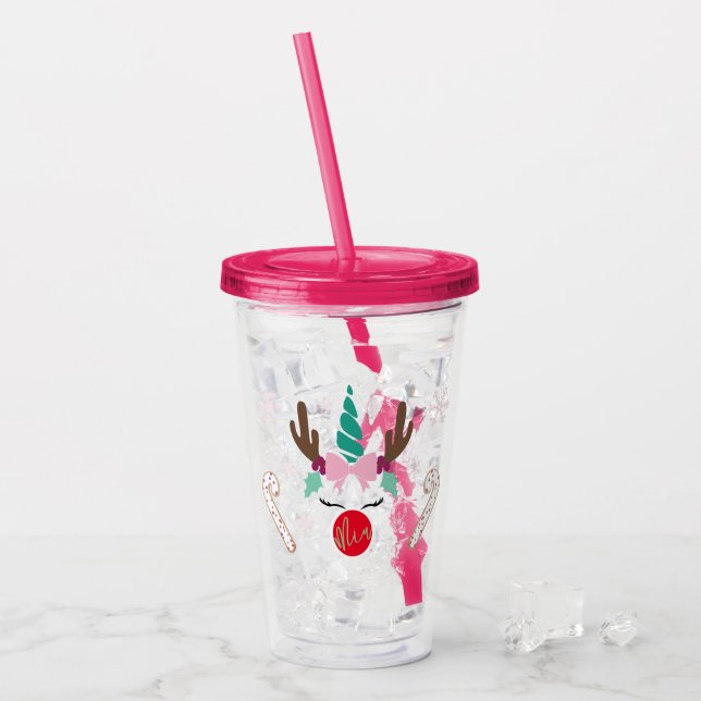 Christmas Unicorn Plastic Cup with straw  (Front Ice)