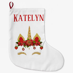 Christmas Unicorn Poinsettia Red Gold Personalised Large Christmas Stocking