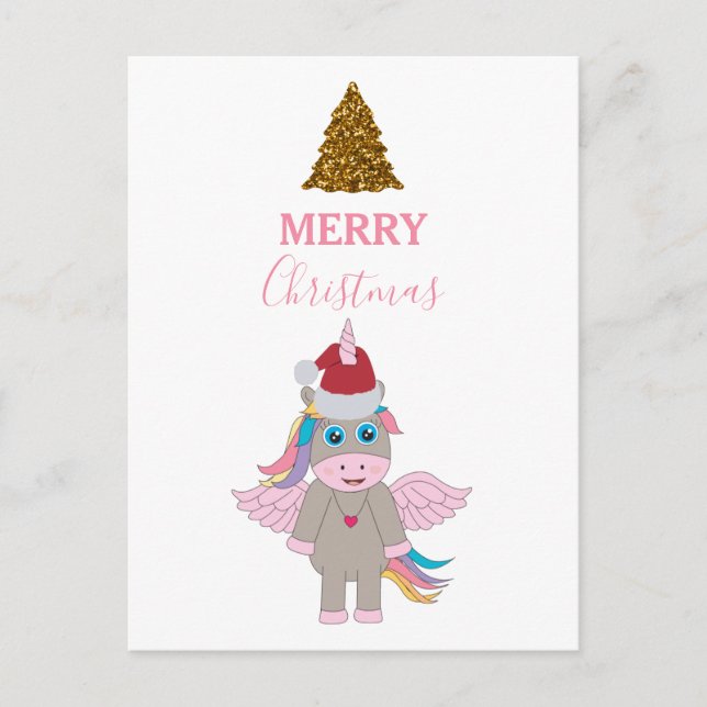 Christmas Unicorn Santa Hat Gold Glitter Xmas Tree Holiday Postcard (Front)