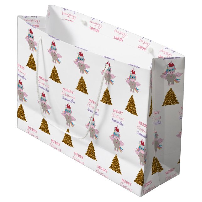 Christmas Unicorn Santa Hat Gold Glitter Xmas Tree Large Gift Bag (Front Angled)