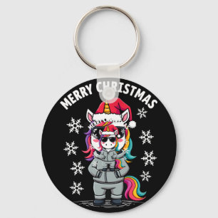 Christmas Unicorn Santa Hat T-Shirt (3) Key Ring