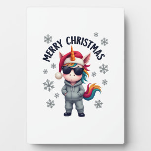 Christmas Unicorn Santa Hat T-Shirt (3) Plaque