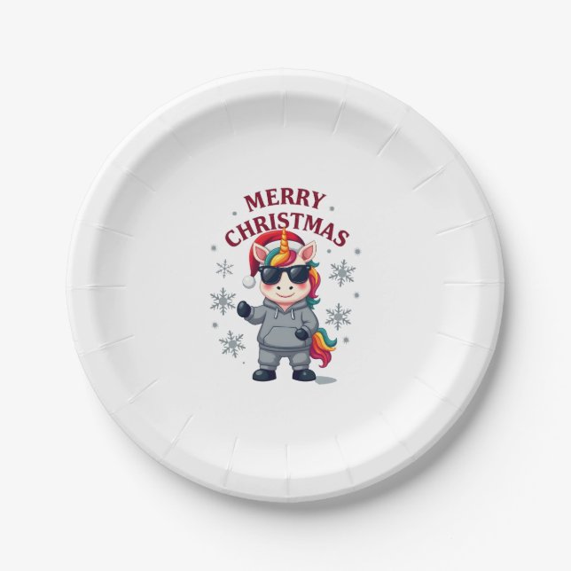 Christmas Unicorn Santa Hat T-Shirt Paper Plate (Front)