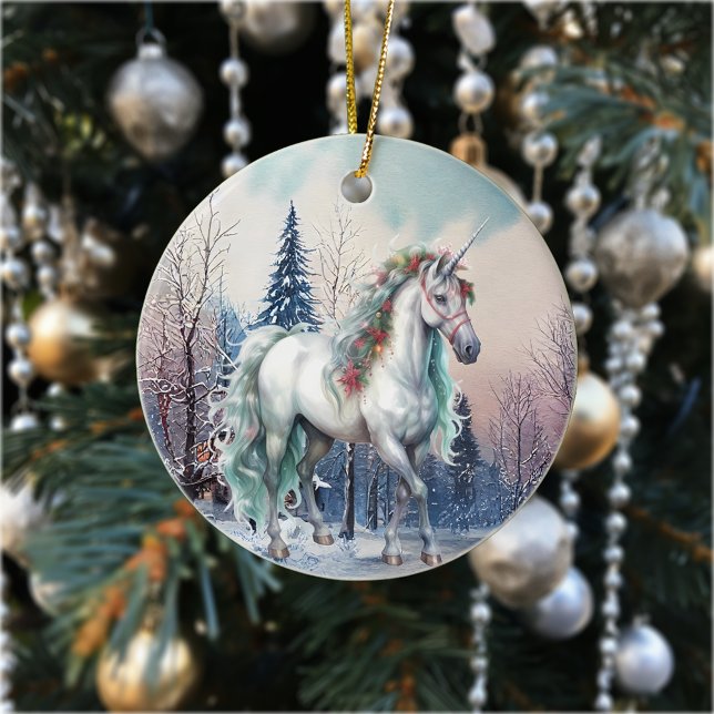Christmas Unicorn Winter Scene Holiday Ceramic Tree Decoration (Creator Uploaded)