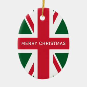 Christmas Union Jack ~ Red, Green and White Ceramic Tree Decoration