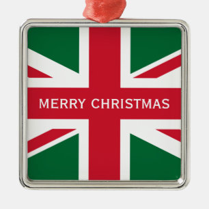 Christmas Union Jack ~  Red, Green and White Metal Tree Decoration