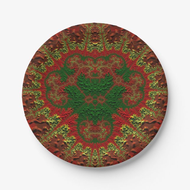 CHRISTMAS ~ Unusual red green gold fractal ~ Paper Plate (Front)