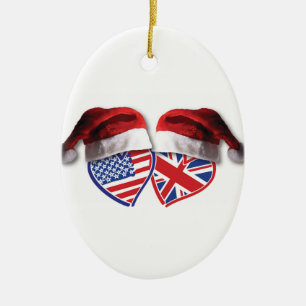 Christmas USA and UK Flag Hearts with Santa Hats Ceramic Tree Decoration