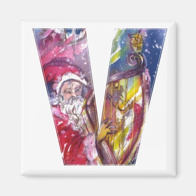 CHRISTMAS V LETTER  / SANTA  PLAYING HARP MAGNET (Front)