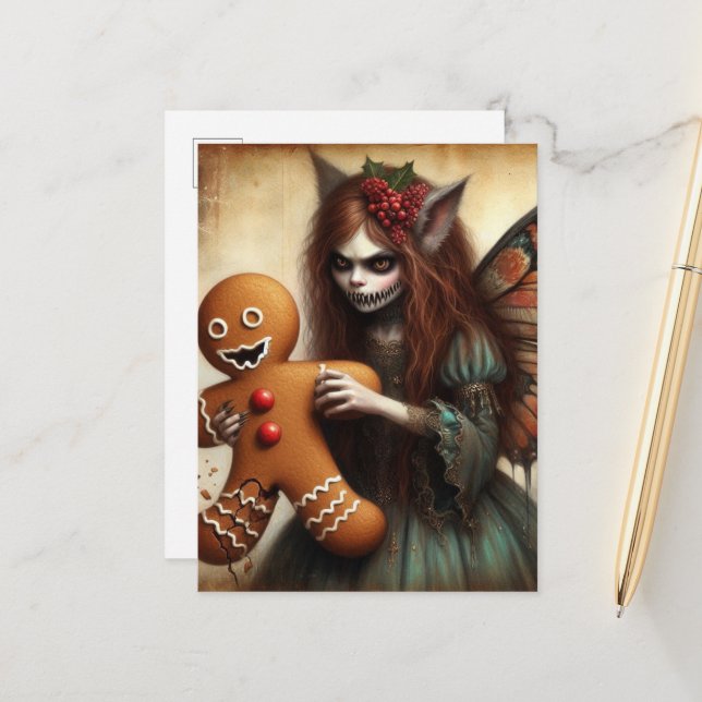Christmas Vampire Fairy With Gingerbread Postcard (Front/Back In Situ)