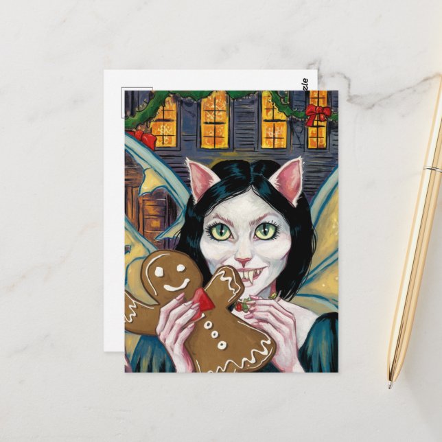 Christmas Vampire Kitty With Gingerbread Cookie Postcard (Front/Back In Situ)