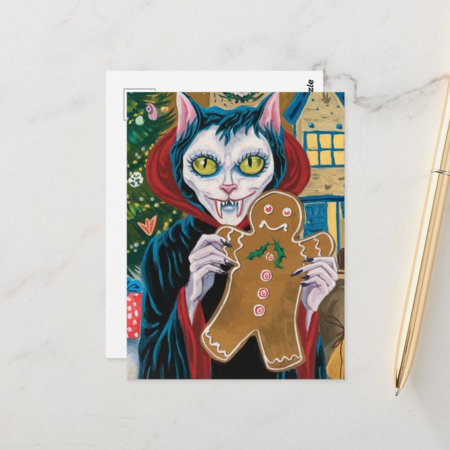 Christmas Vampire Kitty With Gingerbread Man  Postcard (Front/Back In Situ)