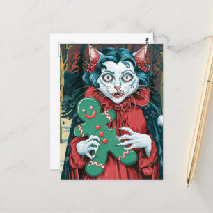 Christmas Vampire Kitty With Green Gingerbread Postcard