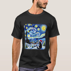 Christmas Van Gogh Starry Night Black Cat Santa Ha T-Shirt